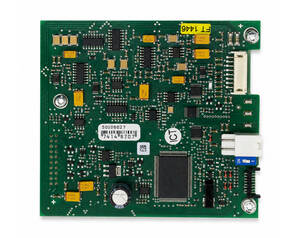 Green printed circuit board (PCB) with numerous surface-mount components, ICs, capacitors, and a white connector, typical of an electronic control board.