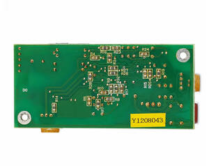 Green PCB underside with dense SMD components and traces, two mounting holes, and a yellow label Y1208043.