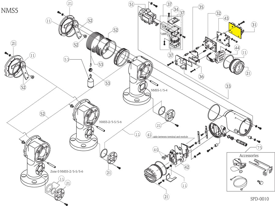 Exploded view schematic of the NMS5 assembly with subassemblies, seals, fasteners, and part numbers.
