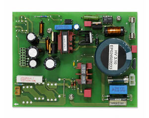 Green printed circuit board populated with capacitors, inductors, resistors, a large round transformer, and connectors—an electronic power-control module.