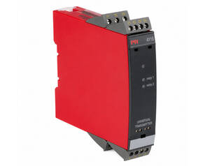 Red universal transmitter module with terminal blocks and two LEDs labeled relay 1 and relay 2 (dual-relay output).