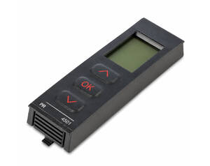 Handheld electronic control device with small LCD screen and three rubber buttons (up, OK, down).