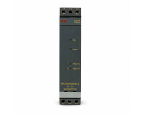 Programmable one-to-one converter module with status LEDs (fin, error) and terminal connectors at top (11–13) and bottom (41–45).