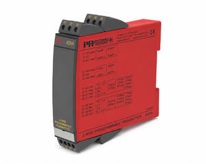Red 2-wire programmable transmitter module with a black front panel and top terminal screws, labeled PR Electronics 63314 (industrial automation device).