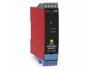 Industrial repeater module (Harting PR 9106) with red side panel, black front panel, LED indicators, and terminal blocks on top and bottom.
