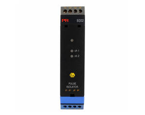 Black PR 9202 pulse isolator module with blue terminal block at the bottom and two status LEDs labeled ch1 and ch2, marked Ex on the front.