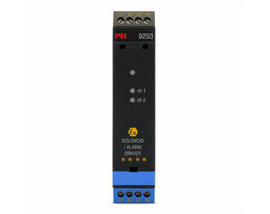 Solenoid/alarm driver module PR 9203 with top terminal screws (11–14), channel indicators, Ex safety mark, and blue bottom connector.