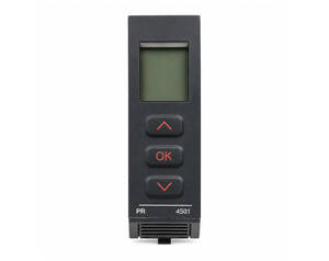 Black handheld control panel with a small LCD screen and three vertically stacked red-button controls: up arrow, OK, down arrow (model PR 4501).