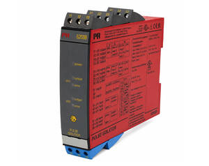 PR 5202B pulse isolator module with screw-terminal top, red case and blue DIN rail mount viewed from side