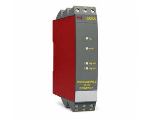 Programmable ±1/0 converter module in red and gray, with LED indicators (fin, error, dig out) and terminal blocks on top/bottom.