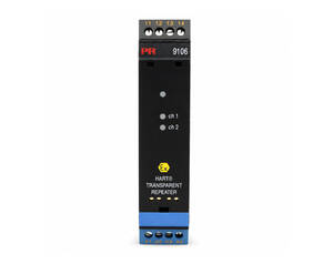 Harting 9106 Ex-certified transparent repeater module with two channel indicators (CH1, CH2) and screw-terminal blocks at top and bottom.