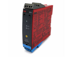 Red two-channel pulse isolator module (model PR 9202) with CH1/CH2 indicators on the front, mounted on a blue DIN rail adaptor.
