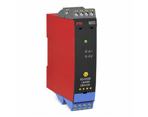 Industrial solenoid driver module with red side panel and black front, green status LED, two channel indicators, and terminal blocks on top and bottom.