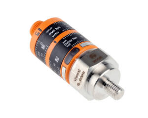 Industrial rotary encoder with orange and black housing, metal mounting flange, and threaded output shaft used in motion control.