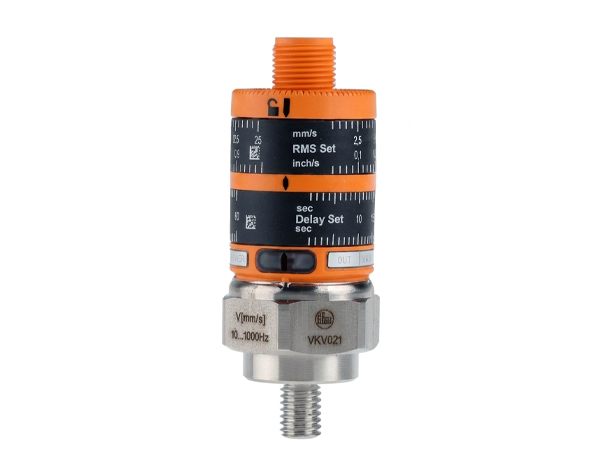 VKV021 — DERAAK Adjustable industrial timing component with an orange and black dial, featuring delay and RMS scale markings and a threaded metal fitting at the bottom.