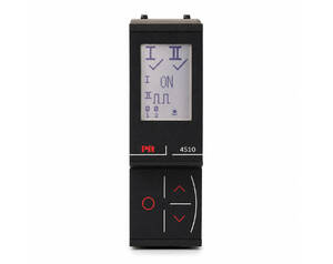 Black handheld electronic controller with a small display showing up/down arrows and the word 'ON'; below is a red-arrow directional pad and a round button.