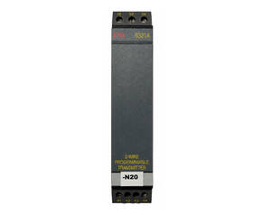 2-wire programmable transmitter module with terminal blocks at top (11–14) and bottom (41–44); model N20 for industrial automation