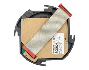 Circular electronic component housing with a brown PCB, a gray ribbon cable, and red end connectors.